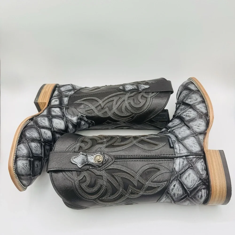 Rock'em Big Bass Print Boots Men's Size 7.5 EE‎ Black Leather  Square Toe